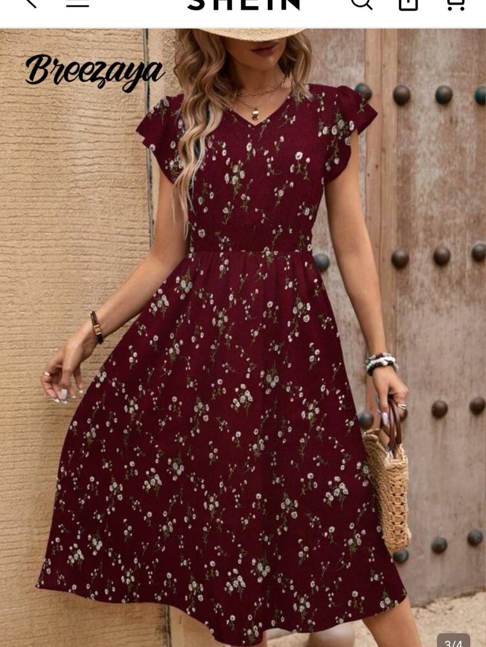 SHEIN Burgundy Floral V-Neck Midi Dress